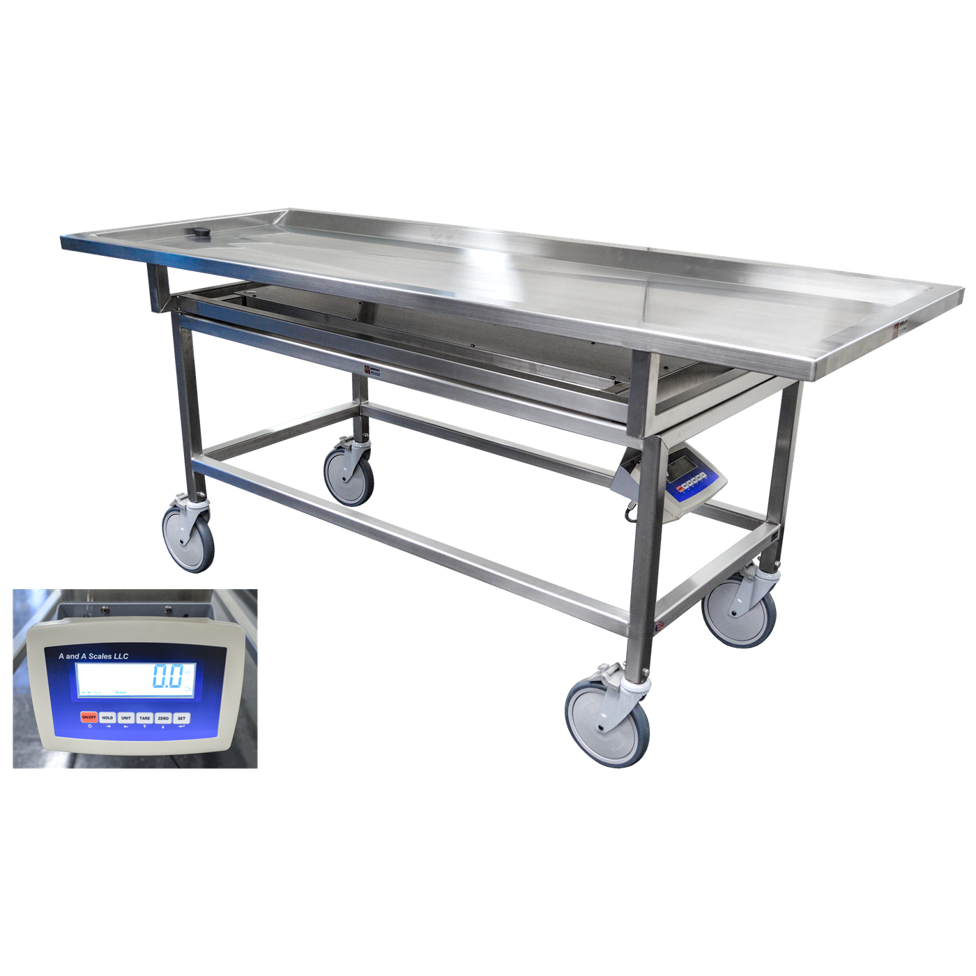 Autopsy Carrier with Scale-Body Transporter-Mortech Manufacturing Company Inc. Quality Stainless Steel Autopsy, Morgue, Funeral Home, Necropsy, Veterinary / Anatomy, Dissection Equipment and Accessories