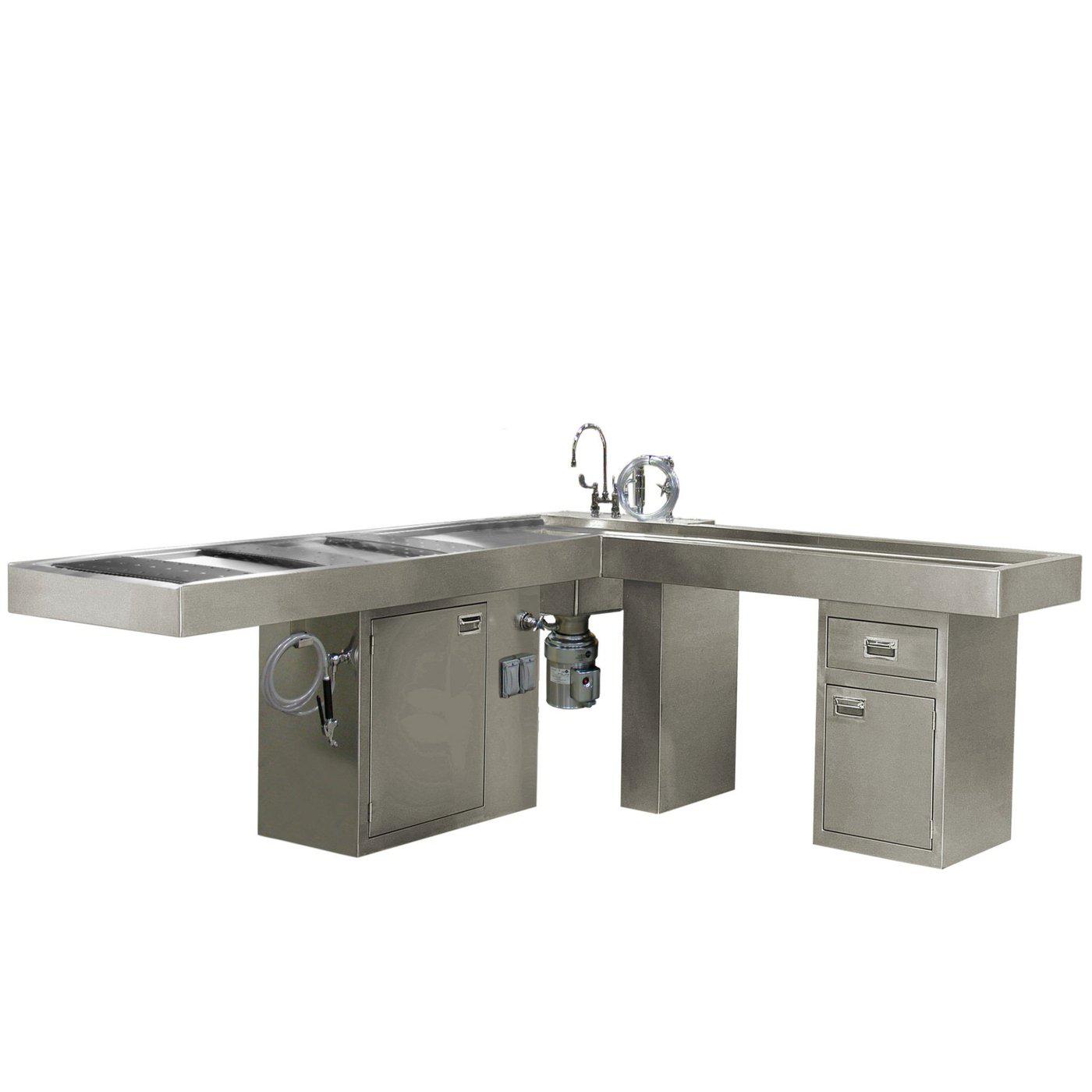 L-Shaped Autopsy Table-Pathology Grossing Stations-Mortech Manufacturing Company Inc. Quality Stainless Steel Autopsy, Morgue, Funeral Home, Necropsy, Veterinary / Anatomy, Dissection Equipment and Accessories