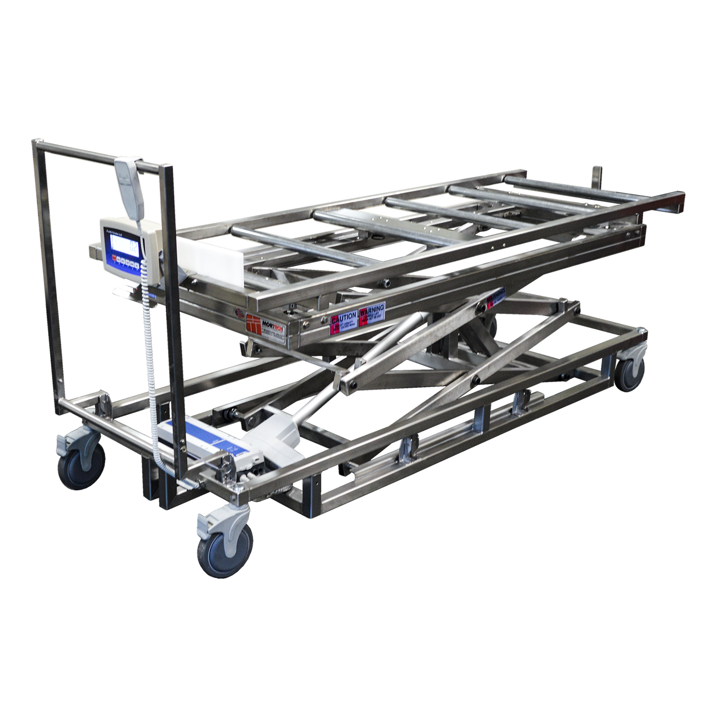 Portable Cadaver Scissor Lift with Rollers-Cadaver Handling & Storage Systems-Mortech Manufacturing Company Inc. Quality Stainless Steel Autopsy, Morgue, Funeral Home, Necropsy, Veterinary / Anatomy, Dissection Equipment and Accessories