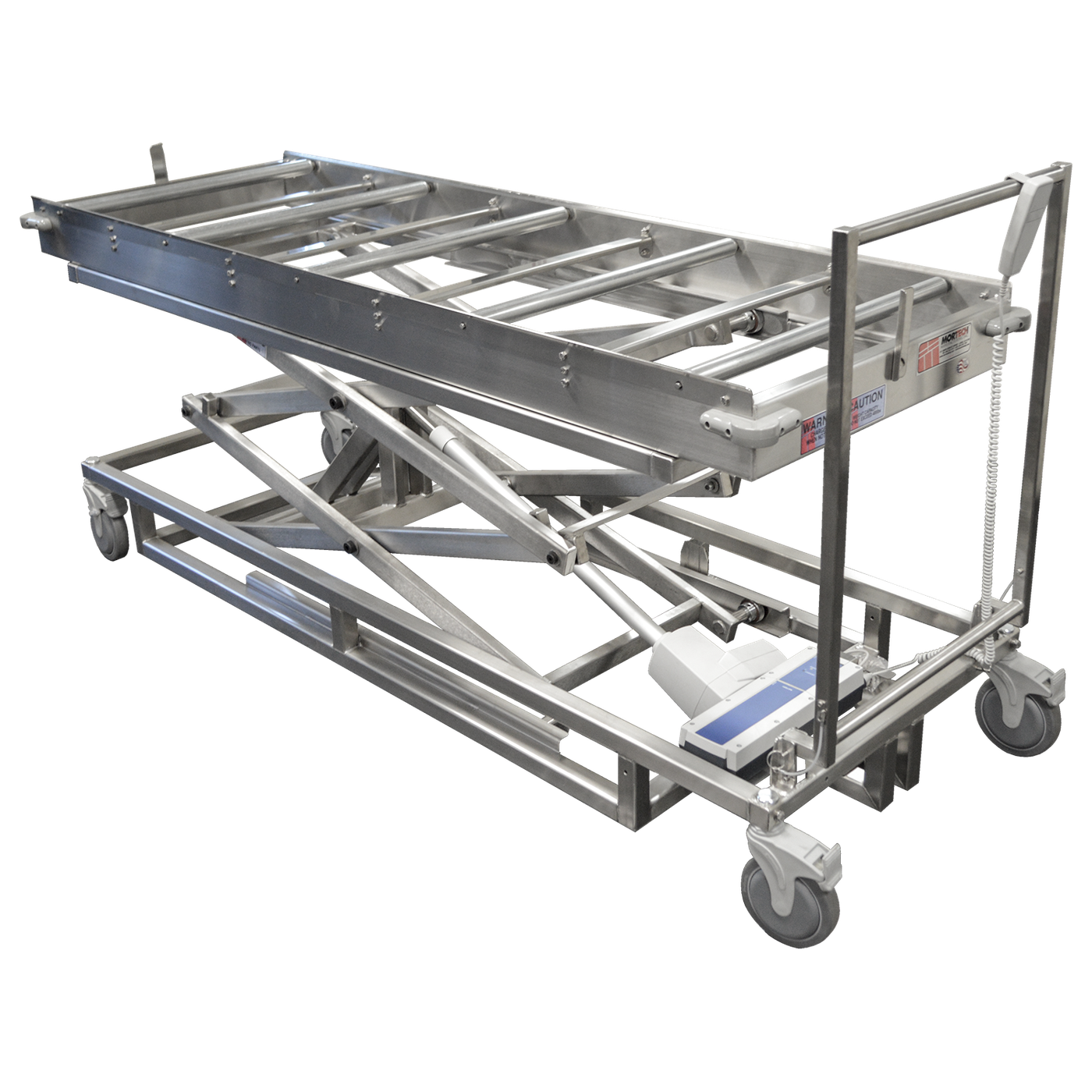 Portable Cadaver Scissor Lift with Rollers-Cadaver Handling & Storage Systems-Mortech Manufacturing Company Inc. Quality Stainless Steel Autopsy, Morgue, Funeral Home, Necropsy, Veterinary / Anatomy, Dissection Equipment and Accessories