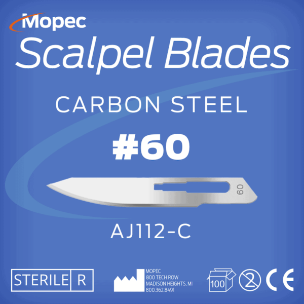 #60 Scalpel Blades, Carbon Steel, Sterile, 100 Pack - AJ112-C